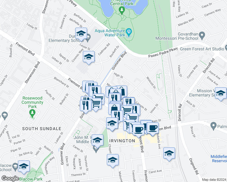 map of restaurants, bars, coffee shops, grocery stores, and more near 3722 Clough Avenue in Fremont