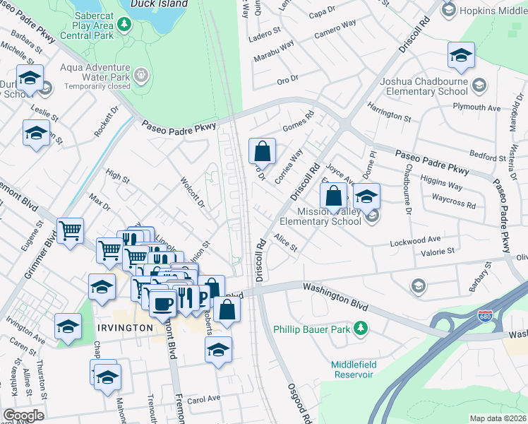 map of restaurants, bars, coffee shops, grocery stores, and more near Finca Terrace in Fremont