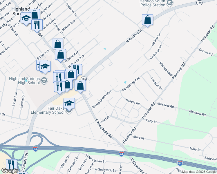 map of restaurants, bars, coffee shops, grocery stores, and more near 1700 Elsing Green Place in Highland Springs