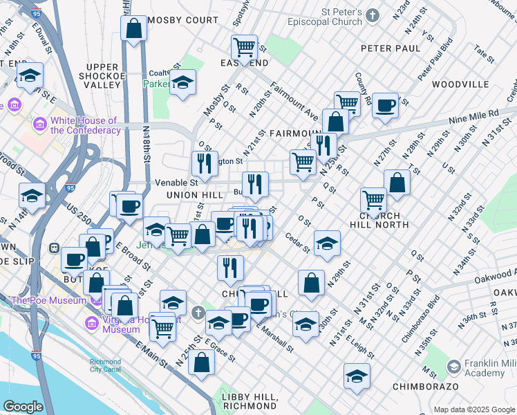 map of restaurants, bars, coffee shops, grocery stores, and more near 803 North 23rd Street in Richmond