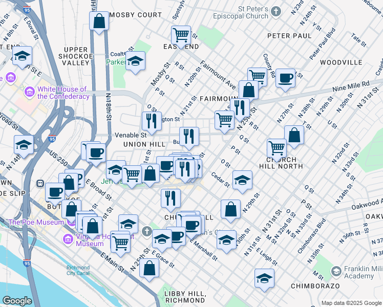 map of restaurants, bars, coffee shops, grocery stores, and more near 805 North 23rd Street in Richmond