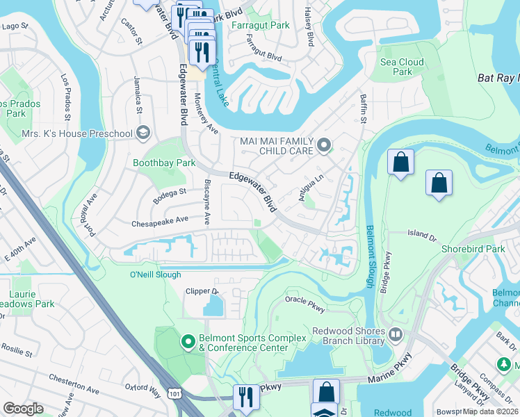 map of restaurants, bars, coffee shops, grocery stores, and more near 465 Thatcher Lane in Foster City