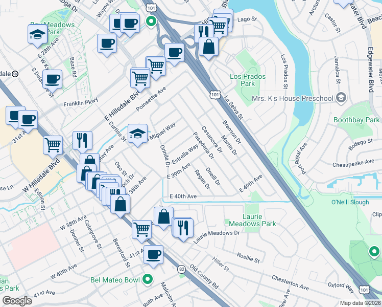 map of restaurants, bars, coffee shops, grocery stores, and more near 304 Del Rosa Way in San Mateo