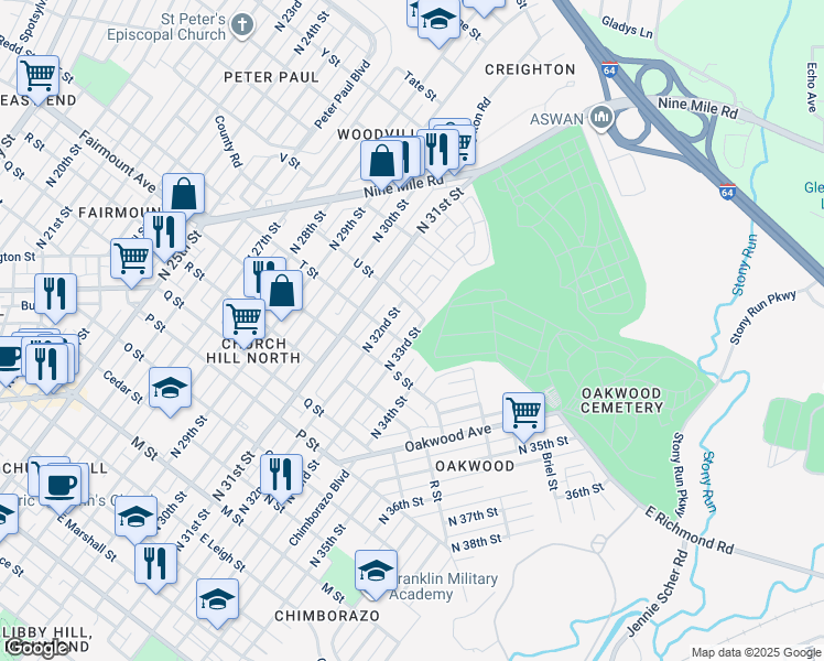 map of restaurants, bars, coffee shops, grocery stores, and more near 1424 North 33rd Street in Richmond