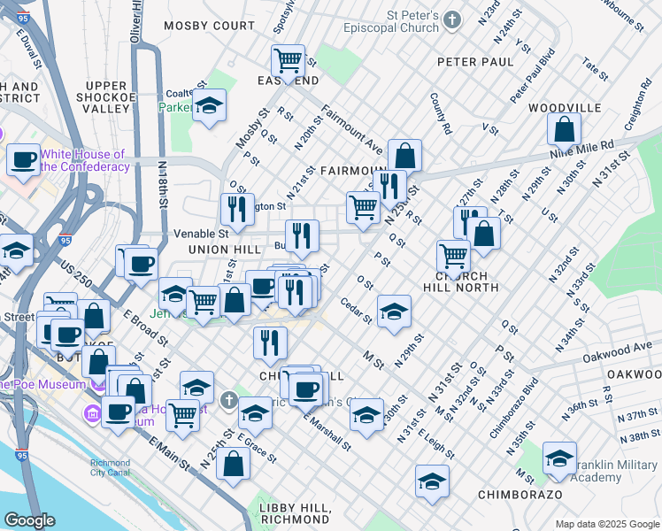 map of restaurants, bars, coffee shops, grocery stores, and more near 819 North 24th Street in Richmond