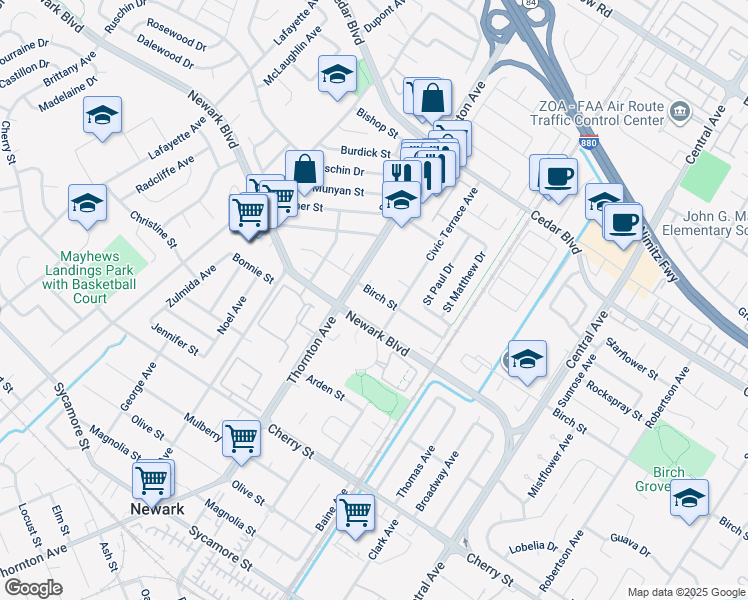 map of restaurants, bars, coffee shops, grocery stores, and more near 37059 Birch Street in Newark
