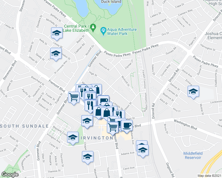map of restaurants, bars, coffee shops, grocery stores, and more near 40484 Chapel Way in Fremont