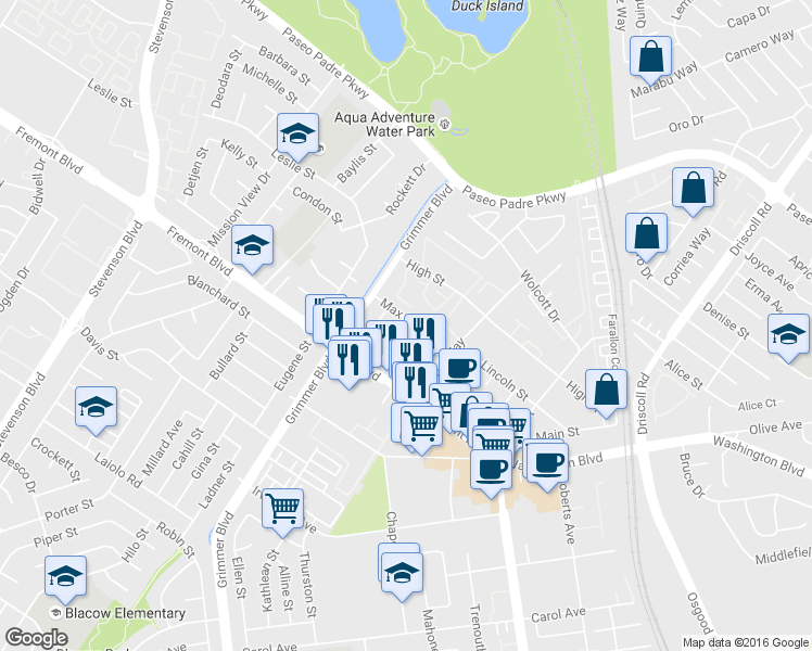 map of restaurants, bars, coffee shops, grocery stores, and more near 40703 Witherspoon Terrace in Fremont