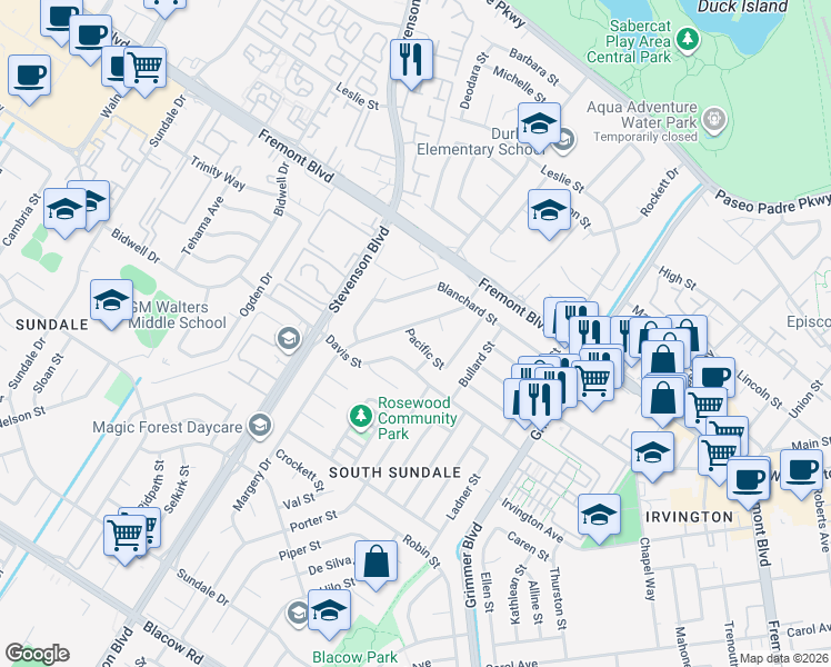 map of restaurants, bars, coffee shops, grocery stores, and more near 4151 Margery Drive in Fremont