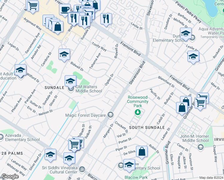 map of restaurants, bars, coffee shops, grocery stores, and more near 4348 Ogden Drive in Fremont