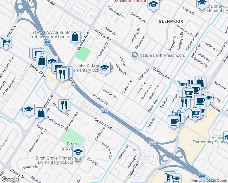map of restaurants, bars, coffee shops, grocery stores, and more near 5279 Reeder Court in Fremont