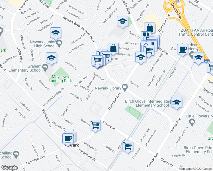 map of restaurants, bars, coffee shops, grocery stores, and more near 36813 Newark Boulevard in Newark