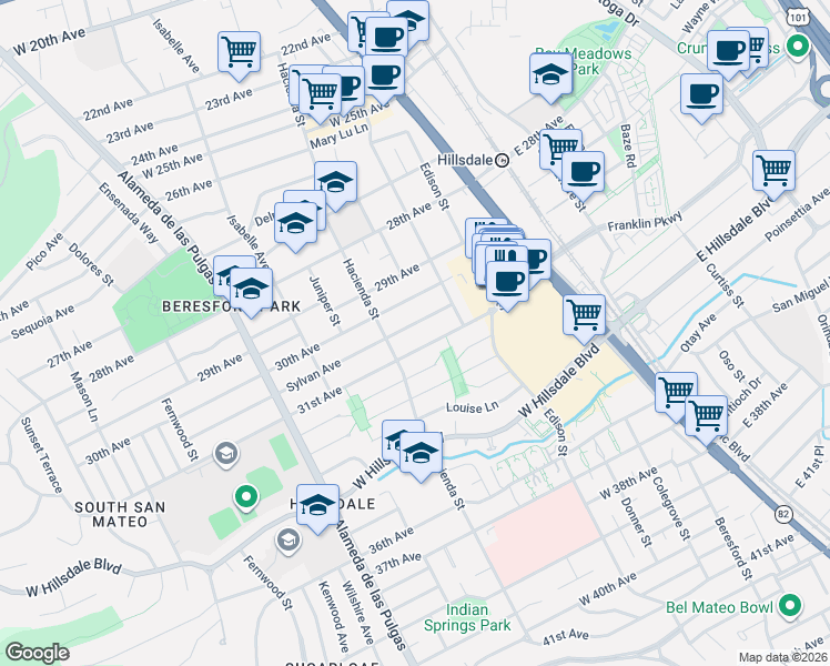 map of restaurants, bars, coffee shops, grocery stores, and more near 152 Sylvan Avenue in San Mateo