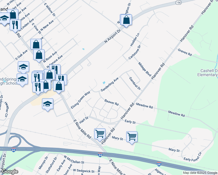 map of restaurants, bars, coffee shops, grocery stores, and more near 1500 Farley Terrace in Sandston