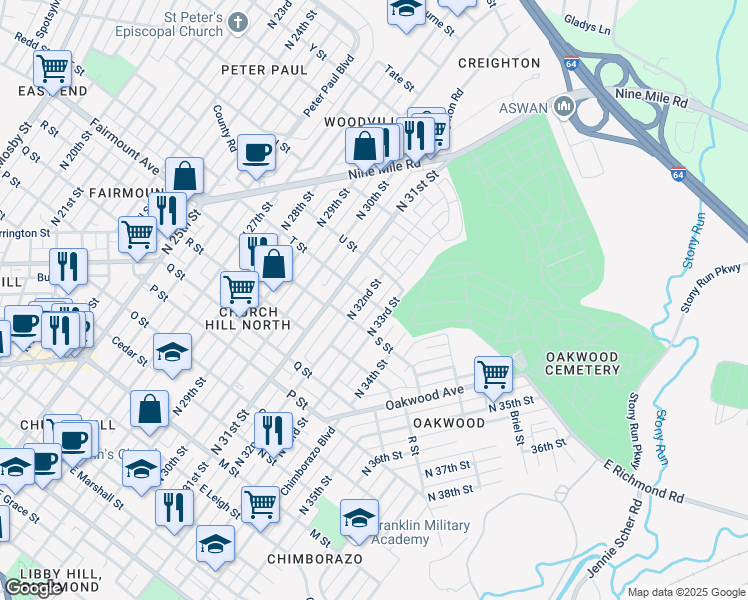 map of restaurants, bars, coffee shops, grocery stores, and more near 1405 North 32nd Street in Richmond