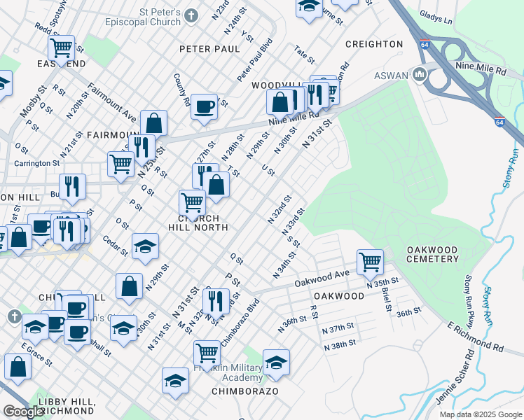 map of restaurants, bars, coffee shops, grocery stores, and more near 1315 1/2 North 31st Street in Richmond