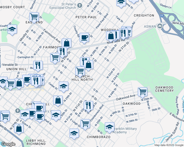 map of restaurants, bars, coffee shops, grocery stores, and more near 1215 North 29th Street in Richmond