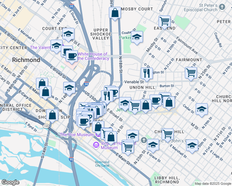 map of restaurants, bars, coffee shops, grocery stores, and more near 1709 East Clay Street in Richmond