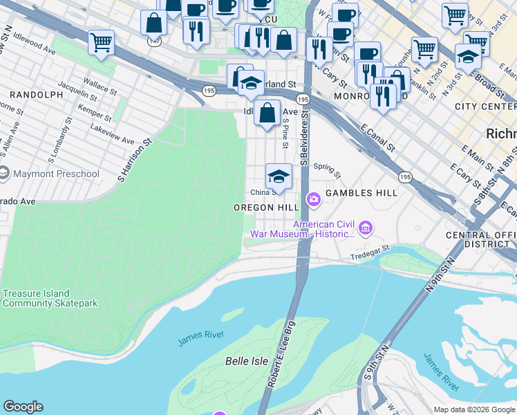 map of restaurants, bars, coffee shops, grocery stores, and more near 819 China Street in Richmond