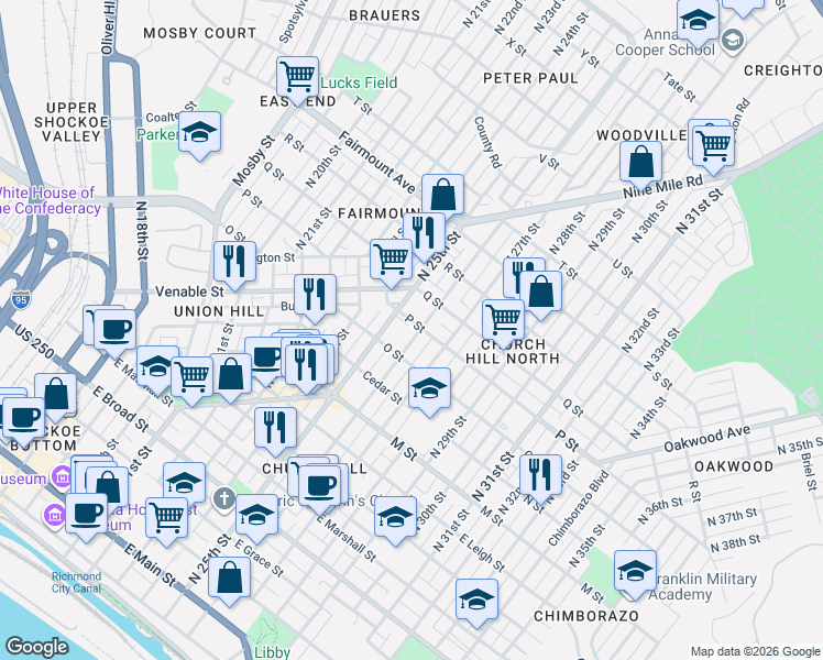 map of restaurants, bars, coffee shops, grocery stores, and more near 1004 1/2 North 26th Street in Richmond