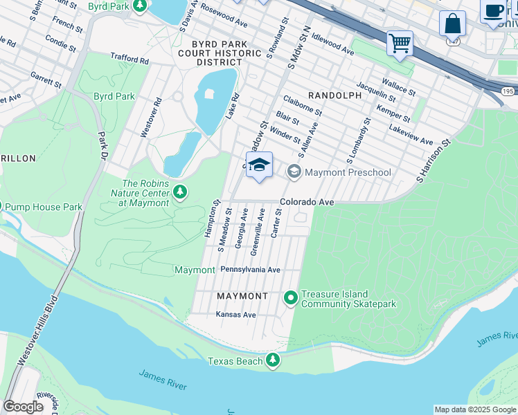 map of restaurants, bars, coffee shops, grocery stores, and more near 1402 Greenville Avenue in Richmond