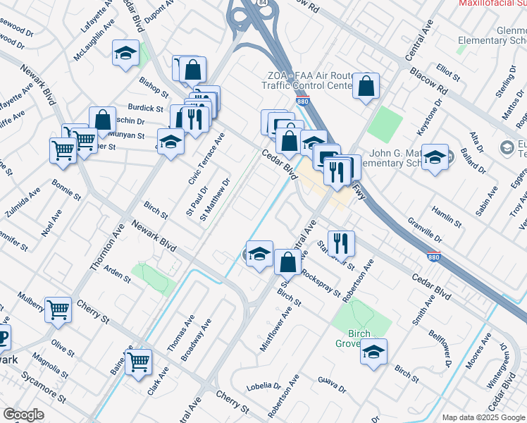 map of restaurants, bars, coffee shops, grocery stores, and more near 5680 Forbes Drive in Newark