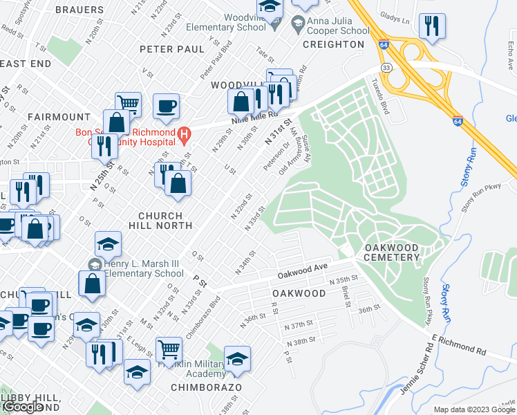 map of restaurants, bars, coffee shops, grocery stores, and more near 1424 North 33rd Street in Richmond