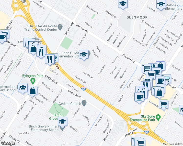 map of restaurants, bars, coffee shops, grocery stores, and more near 5279 Reeder Court in Fremont