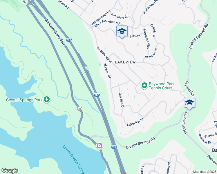 map of restaurants, bars, coffee shops, grocery stores, and more near 1500 Lakeview Drive in Hillsborough