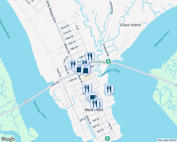 map of restaurants, bars, coffee shops, grocery stores, and more near 1302 Lee Street in West Point