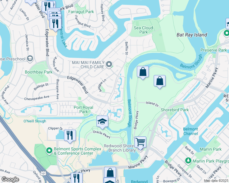 map of restaurants, bars, coffee shops, grocery stores, and more near Cutwater Lane in Foster City