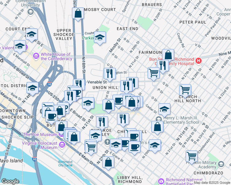 map of restaurants, bars, coffee shops, grocery stores, and more near 2119 Cedar Street in Richmond