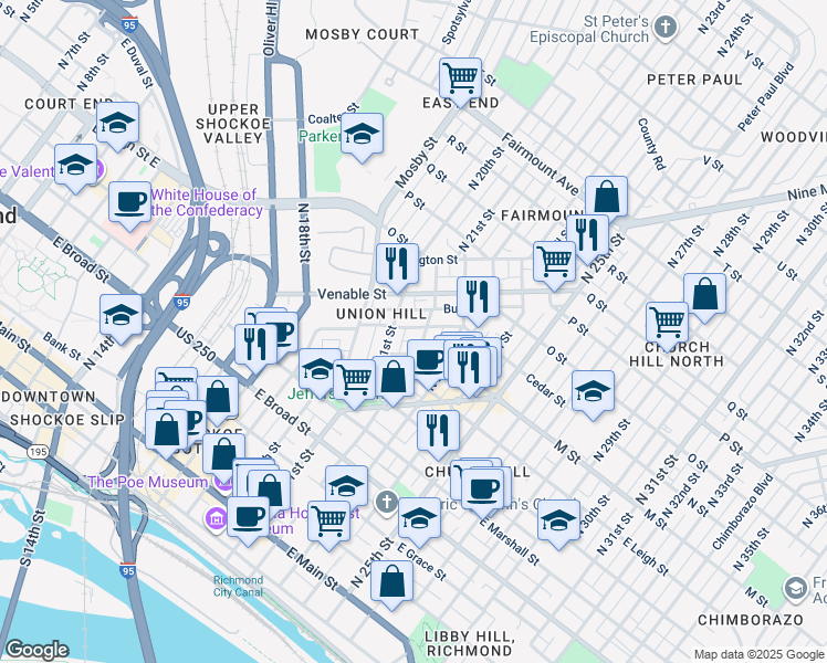 map of restaurants, bars, coffee shops, grocery stores, and more near 2113 Cedar Street in Richmond
