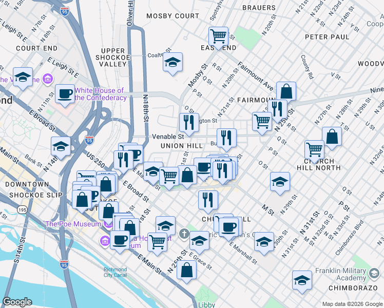 map of restaurants, bars, coffee shops, grocery stores, and more near in Richmond