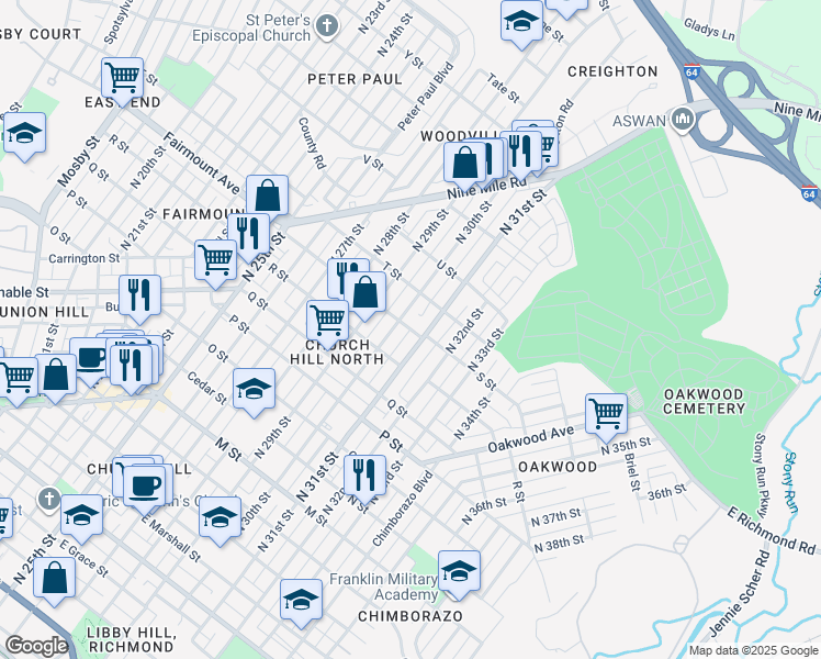 map of restaurants, bars, coffee shops, grocery stores, and more near S Street in Richmond