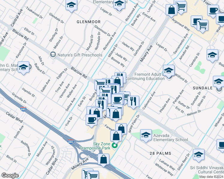 map of restaurants, bars, coffee shops, grocery stores, and more near 38930 Blacow Road in Fremont