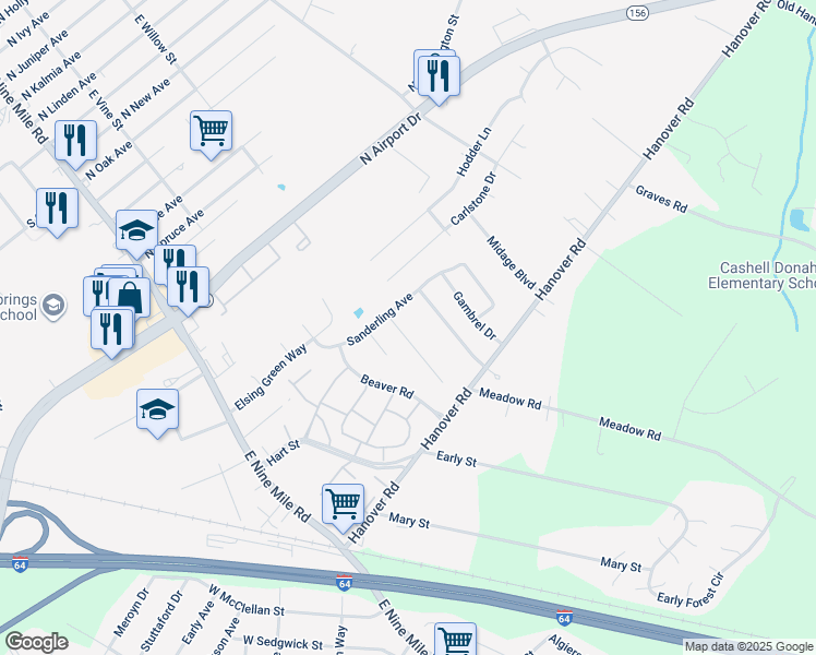 map of restaurants, bars, coffee shops, grocery stores, and more near 1412 Farley Court in Sandston