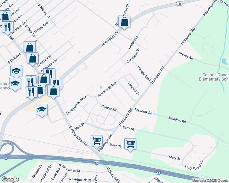 map of restaurants, bars, coffee shops, grocery stores, and more near 1412 Farley Court in Sandston