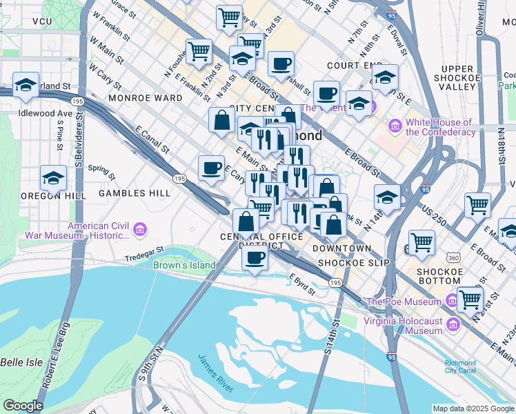 map of restaurants, bars, coffee shops, grocery stores, and more near 800 East Canal Street in Richmond