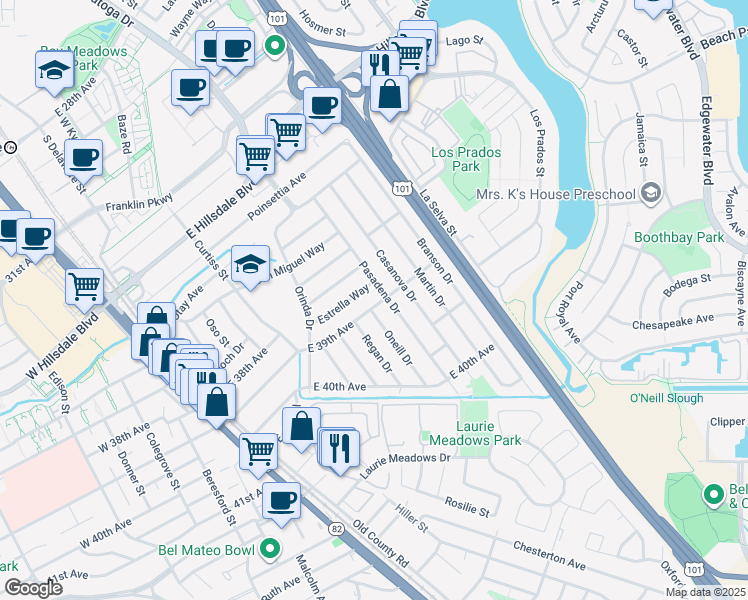 map of restaurants, bars, coffee shops, grocery stores, and more near 345 East 39th Avenue in San Mateo