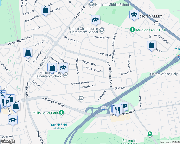 map of restaurants, bars, coffee shops, grocery stores, and more near 2046 Waycross Road in Fremont