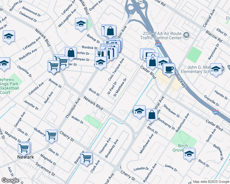 map of restaurants, bars, coffee shops, grocery stores, and more near 5889 Saint Paul Drive in Newark
