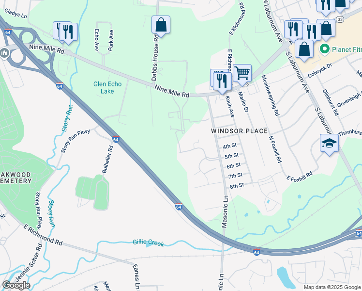 map of restaurants, bars, coffee shops, grocery stores, and more near 4101 Nine Mile Rd in Richmond