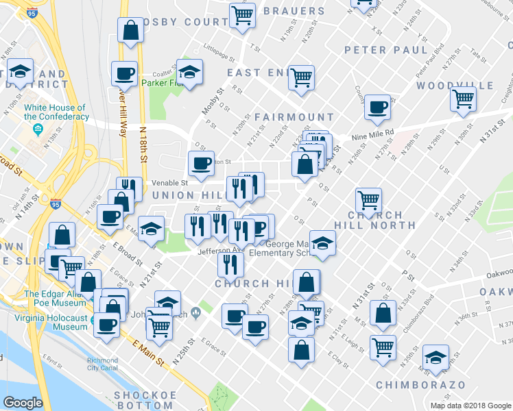 map of restaurants, bars, coffee shops, grocery stores, and more near 809 Jessamine Street in Richmond