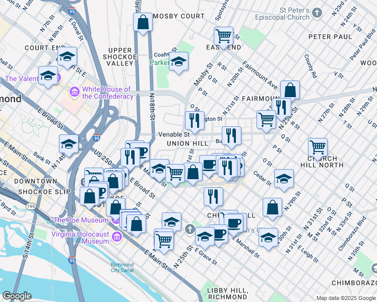 map of restaurants, bars, coffee shops, grocery stores, and more near in Richmond