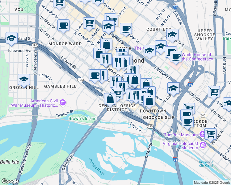 map of restaurants, bars, coffee shops, grocery stores, and more near 801 East Cary Street in Richmond