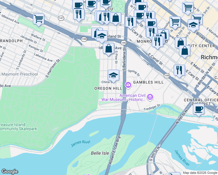 map of restaurants, bars, coffee shops, grocery stores, and more near in Richmond