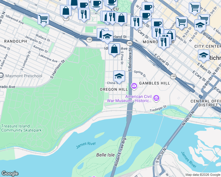 map of restaurants, bars, coffee shops, grocery stores, and more near 819 China Street in Richmond