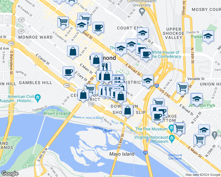map of restaurants, bars, coffee shops, grocery stores, and more near 1015 East Main Street in Richmond