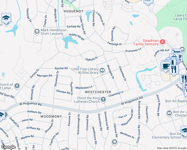 map of restaurants, bars, coffee shops, grocery stores, and more near 3017 Wighton Drive in Richmond